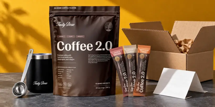 Tasty Dose Coffee 2.0 tasak és ízesített tasakok, termosz, adagolókanál, nyitott kartondoboz és összehajtott üres lap mustársárga háttér előtt