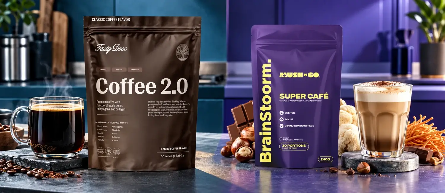 Tasty Dose Coffee 2.0 és Mush N Go Brainstoorm tasak, mellettük fekete kávé, tejeskávé, csokoládé, mogyoró és süngomba konyhapulton