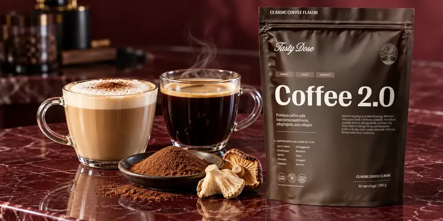 Tejeskávé és fekete kávé üvegcsészében, egy tálka por, szárított shiitake és Tasty Dose Coffee 2.0 tasak bordó márványon