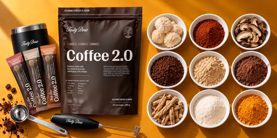 Tasty Dose Coffee 2.0 tasak, ízesített tasakok, termosz, habosító és kilenc tálka gombával, porokkal és gyökerekkel mustársárga háttér előtt