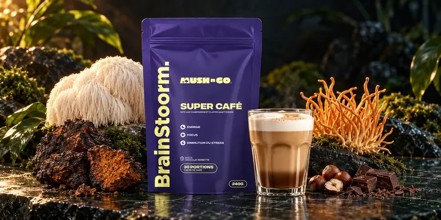 Brainstoorm gombakávé tasak, üvegpohárban latte, mellette süngomba, chaga, cordyceps és csokoládé sötét növényes háttér előtt