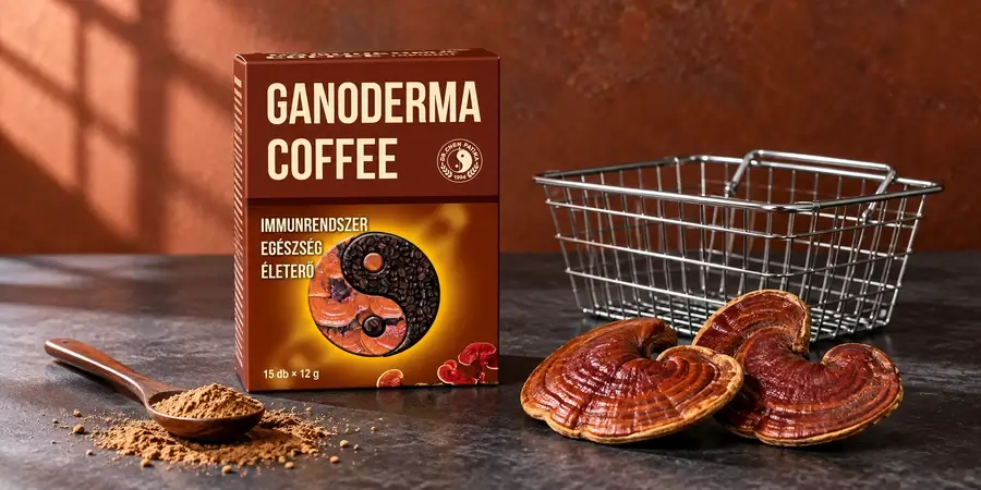 Dr. Chen Patika Ganoderma Coffee doboz, fém bevásárlókosár, két pecsétviaszgomba és egy kanál por rozsdabarna háttér előtt