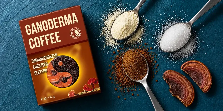 Dr. Chen Patika Ganoderma Coffee doboz, mellette egy-egy kanál tejpor, kristálycukor és instant kávé, valamint pecsétviaszgomba-szeletek sötét kékeszöld háttér előtt