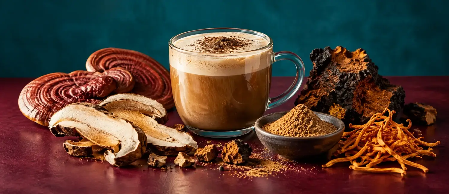 Tejes gombakávé üvegbögrében pecsétviaszgomba, szárított gombaszeletek, chaga, cordyceps és gombapor között türkiz háttér előtt