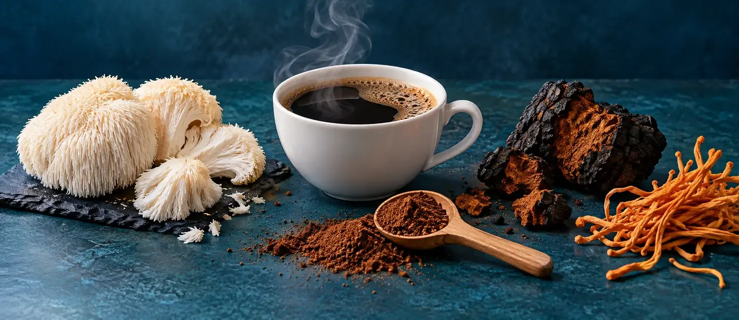 Gőzölgő fekete gombakávé fehér csészében, mellette süngomba, chaga, cordyceps és egy fakanál gombás kávépor kékeszöld háttér előtt
