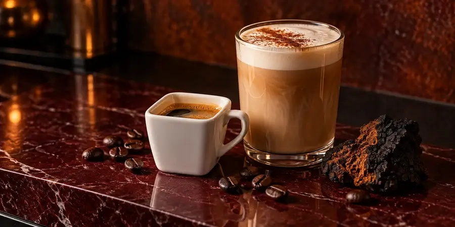 Fekete presszó és krémes latte egymás mellett, kávészemek és egy darab chaga bordó háttér előtt