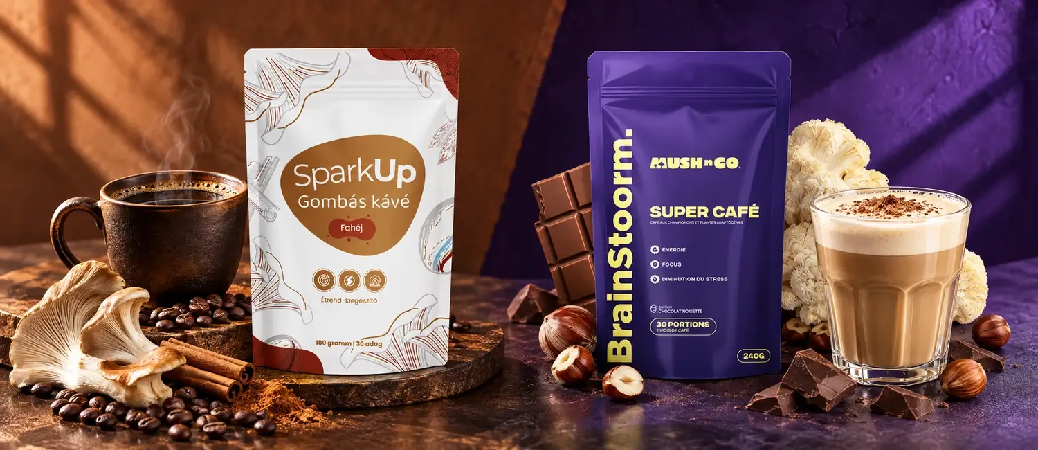 SparkUp fahéjas gombás kávé és Mush N Go Brainstoorm tasak, mellettük fekete kávé, laskagomba, fahéj, tejeskávé, süngomba és csokoládé